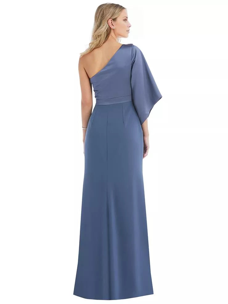 Asymmetric collar off shoulder short sleeved backless and floor length Prom dress